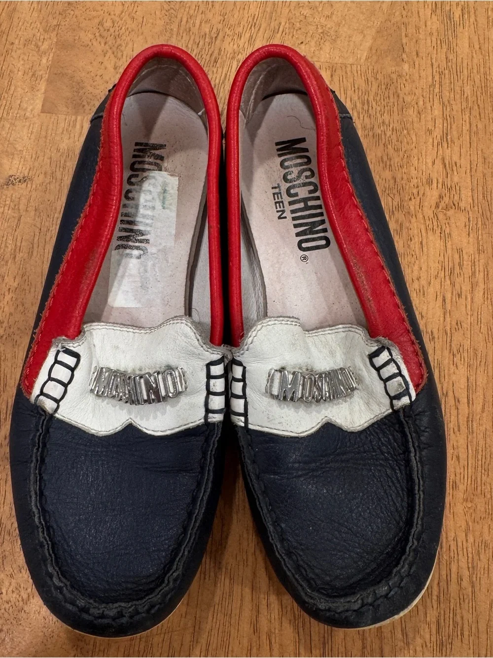 Moschino Teen Kids Leather Moccasin Loafers Size 31 US 13 Red White Blue Preppy